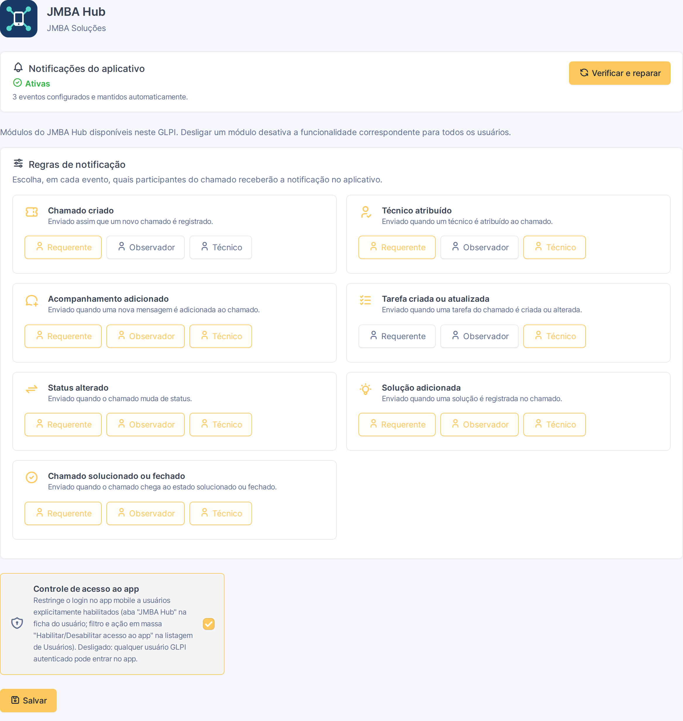 Painel JMBA Hub com regras de notificação por evento e destinatário